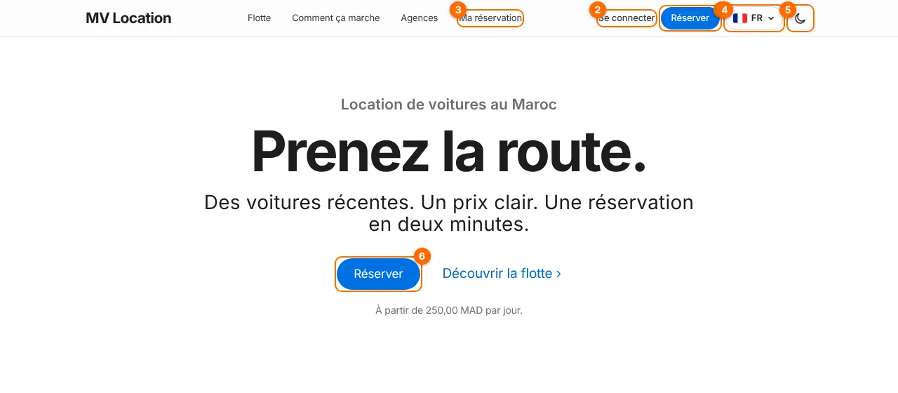 Page d'accueil du site avec le menu en haut