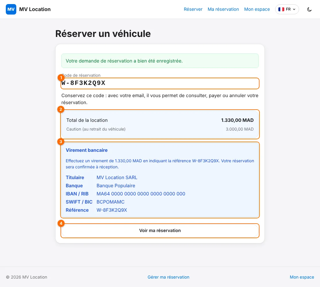 Écran de confirmation avec le code de réservation