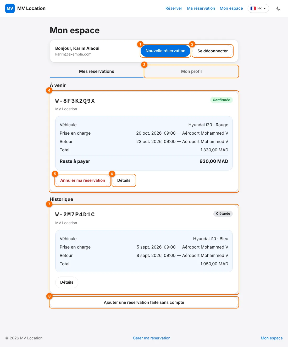 Espace client avec les réservations à venir et l'historique