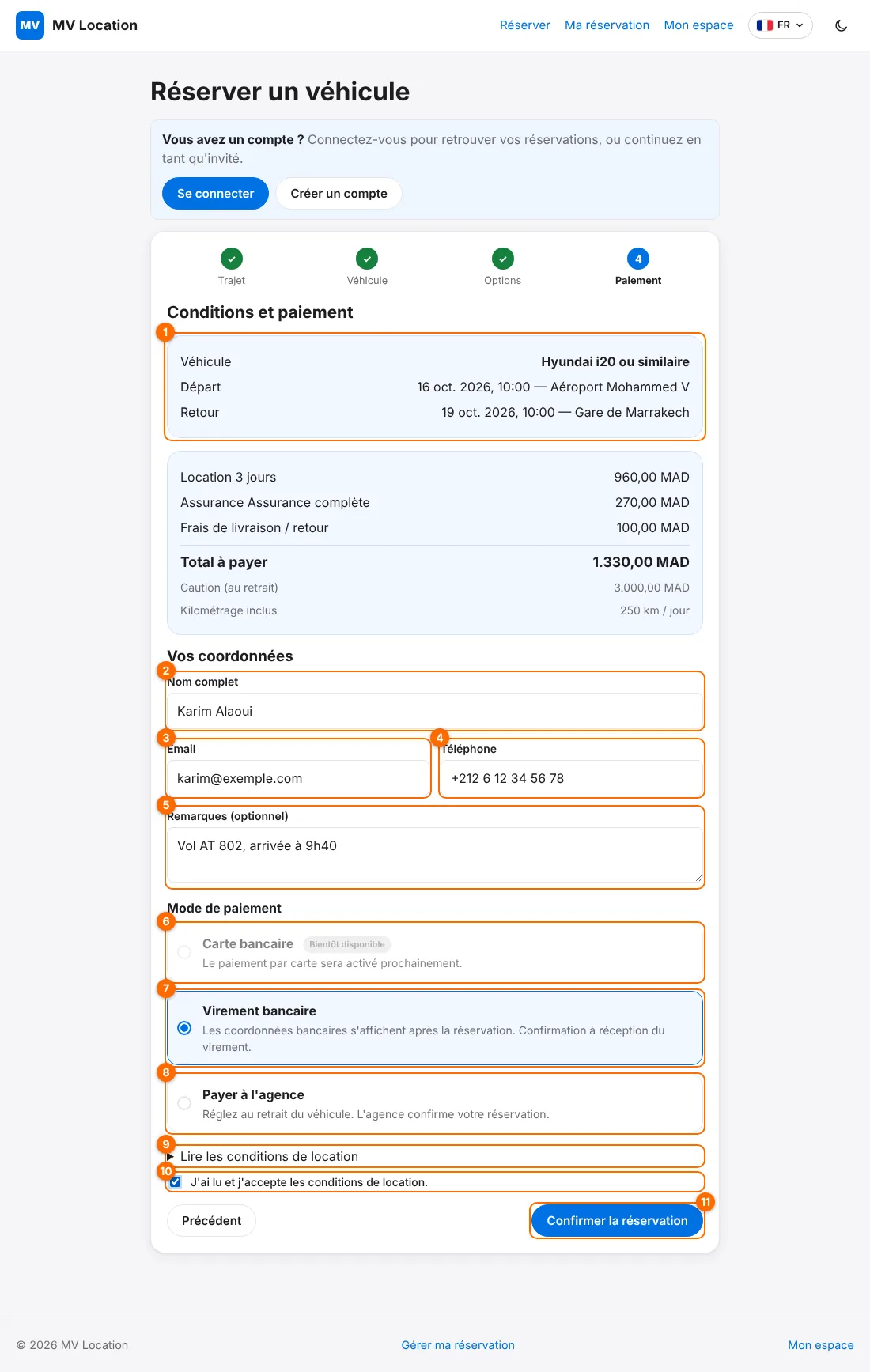 Étape 4 : coordonnées, mode de paiement et conditions
