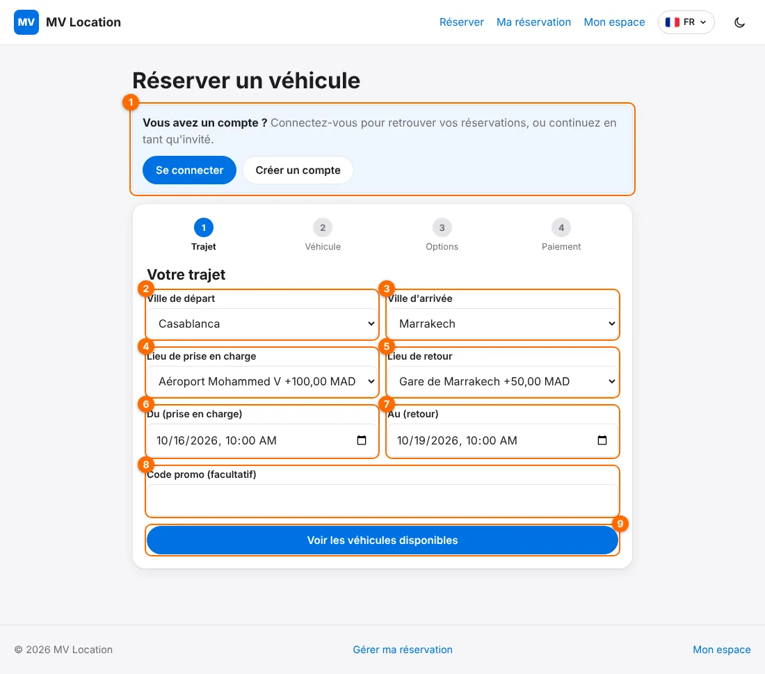 Étape 1 du formulaire de réservation : trajet